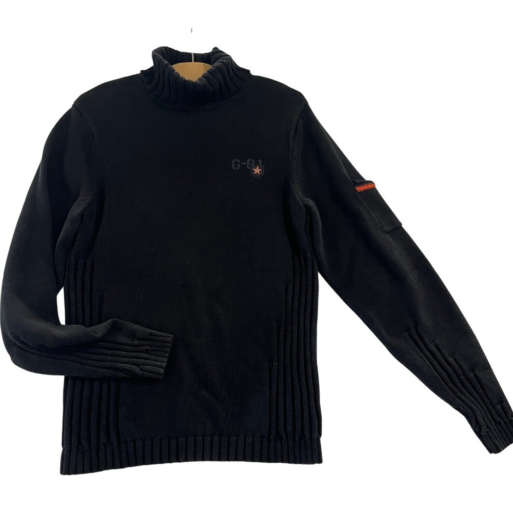 Vintage Y2K Guess Black Turtleneck Knit Sweater Ribbed Arm Pocket Mens Medium
